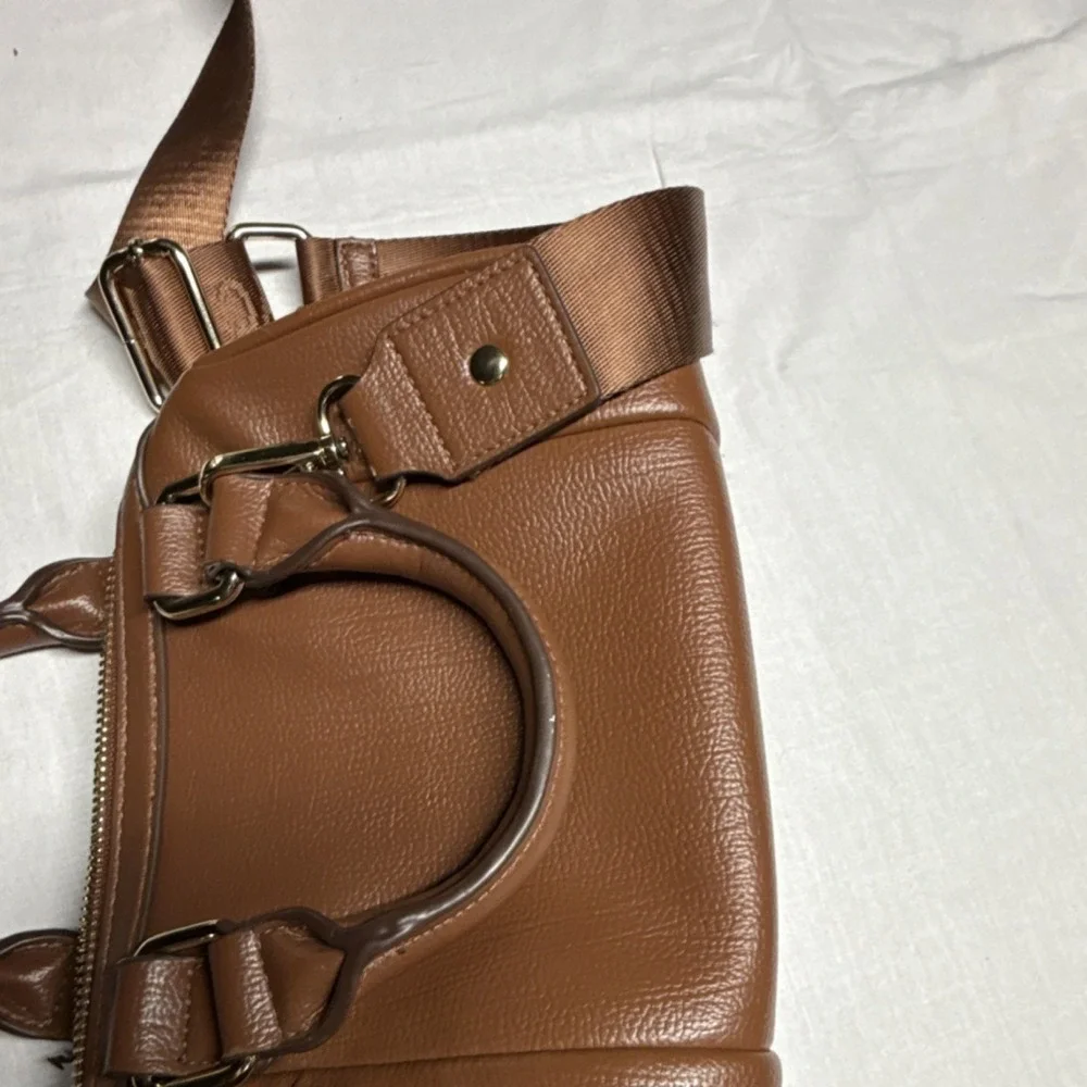 MADDEN NYC Brown Satchel Bag Adjustable Strap Double Handles Gold Zipper Logo